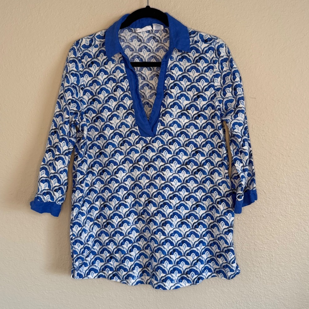 Womens Small Linen Geometric Tunic Top Coastal Old Money Preppy Quiet Luxury‎